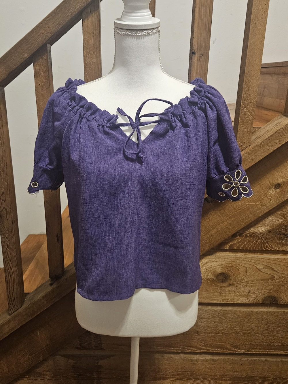 Women's Purple Peasant Tie-Neck Blouse with Embroidered Sleeves Brazilian Brand